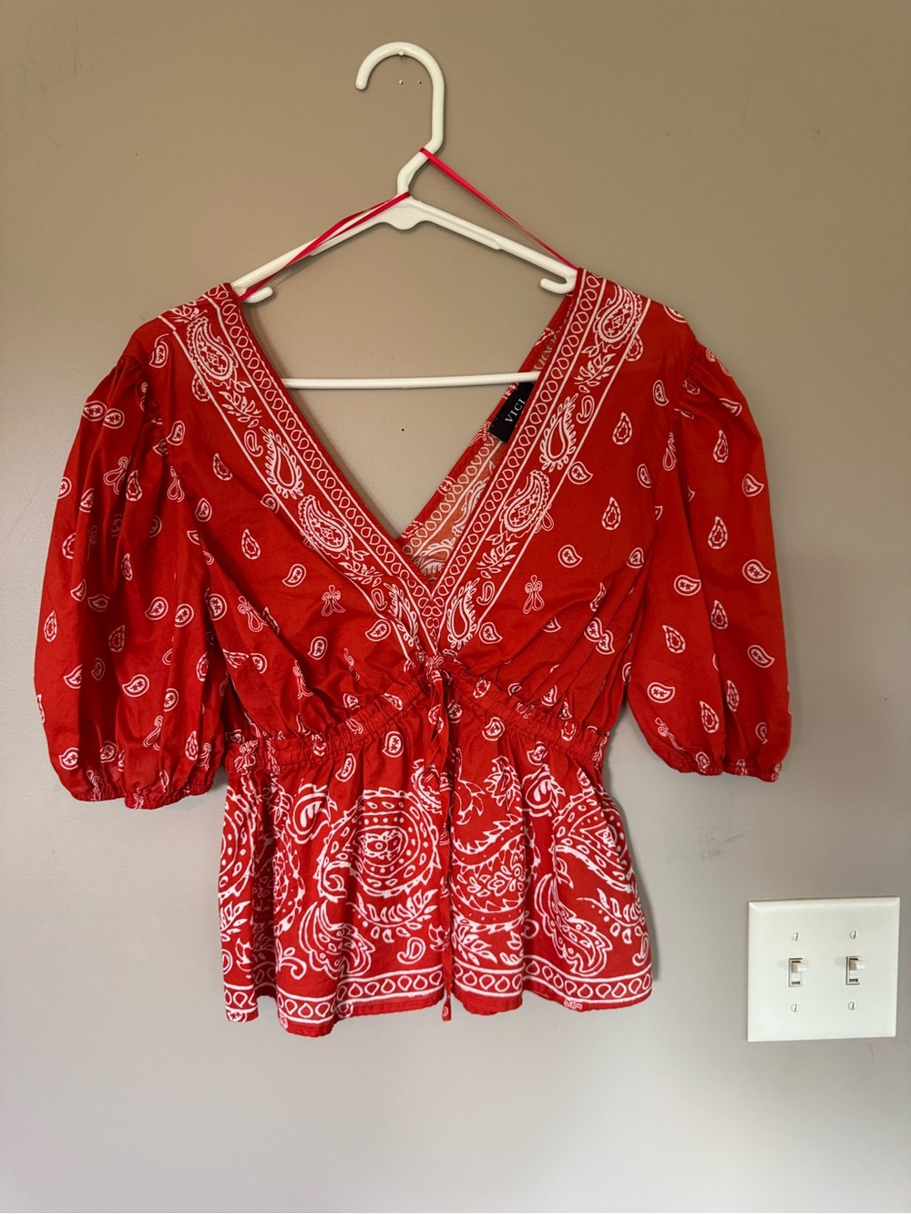 Vici Red White Bandana Print V-Neck Peplum Top. NWOT